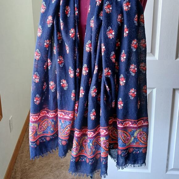 Floral Paisley Scarf navy blue red 6ft 72"L 32"W warm fringe - Picture 1 of 9